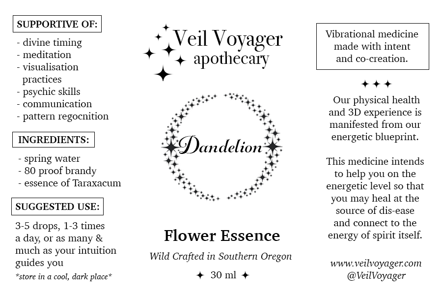 Dandelion Flower Essence is vibrational medicine to help you manifest your 3D experience with the help of spirit. Psychic work, ritual, protection and purification.