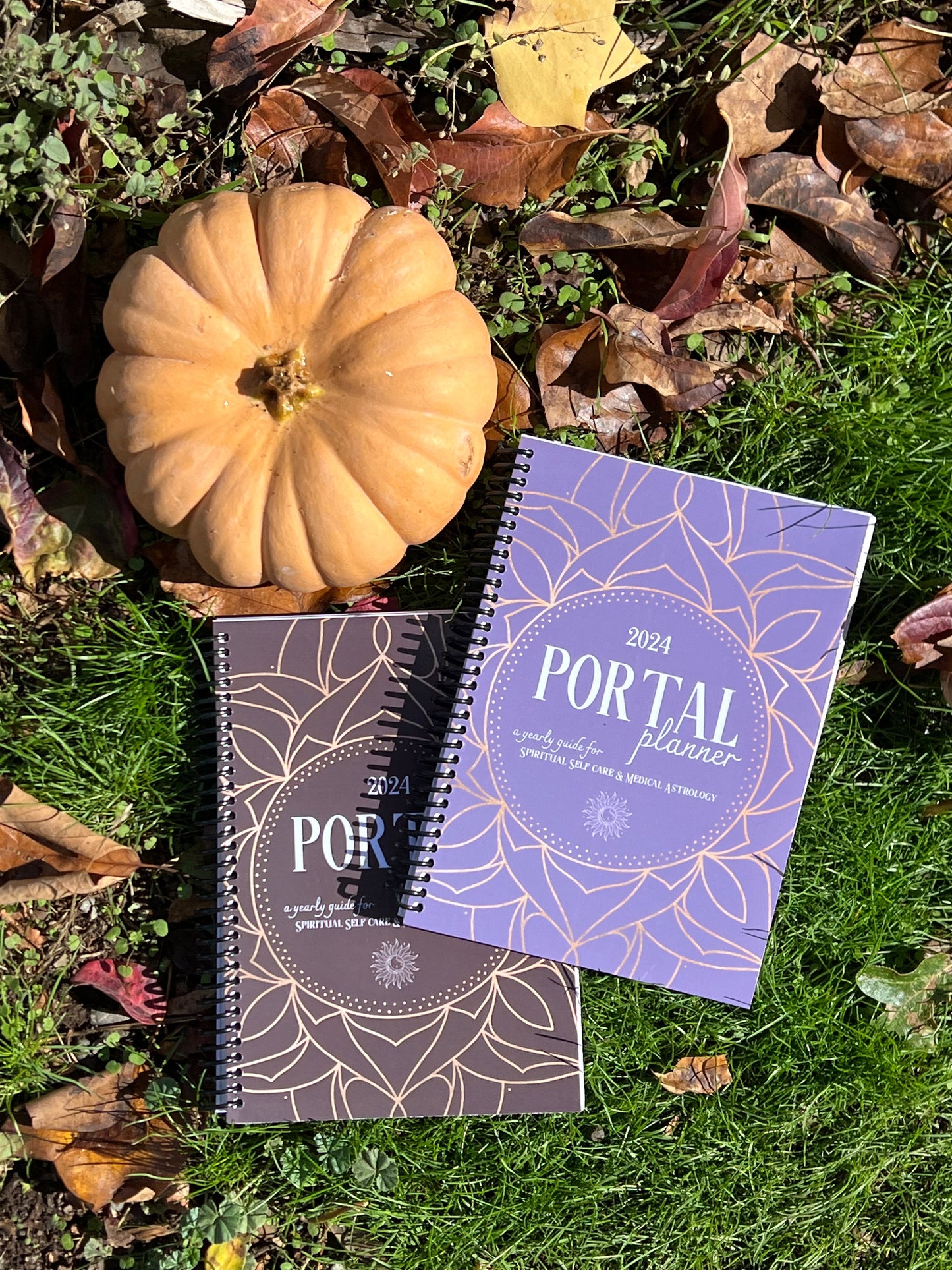 The Portal esoteric spiritual astrological planner in both lavender and mocha. a yearly 2024 planner full of magic
